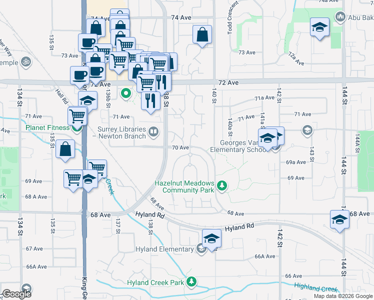 map of restaurants, bars, coffee shops, grocery stores, and more near 13888 70 Avenue in Surrey