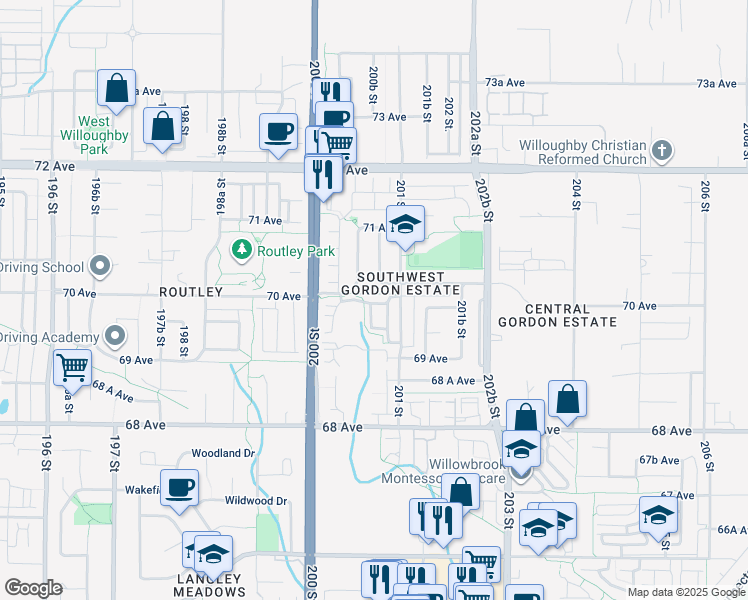 map of restaurants, bars, coffee shops, grocery stores, and more near 20038 70 Avenue in Langley