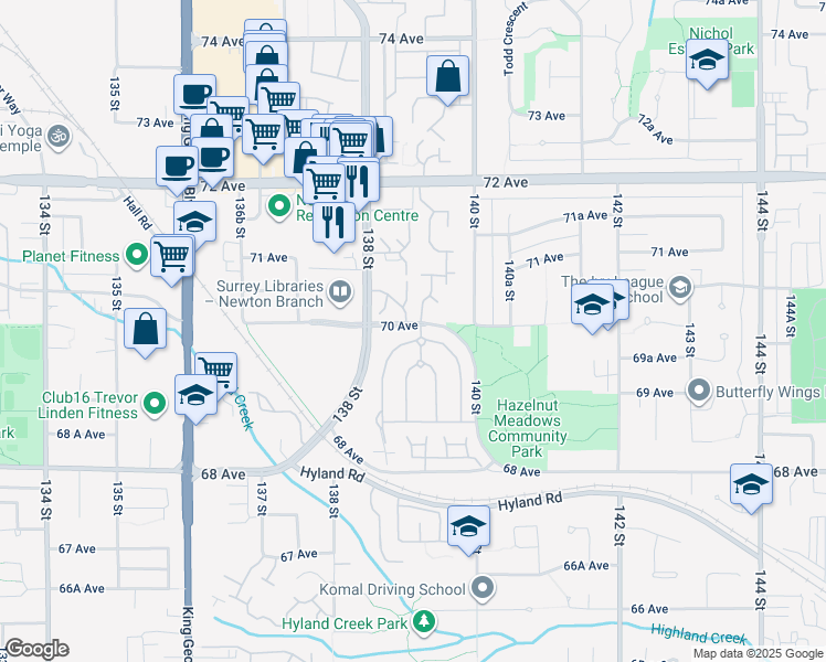 map of restaurants, bars, coffee shops, grocery stores, and more near 13888 70 Avenue in Surrey