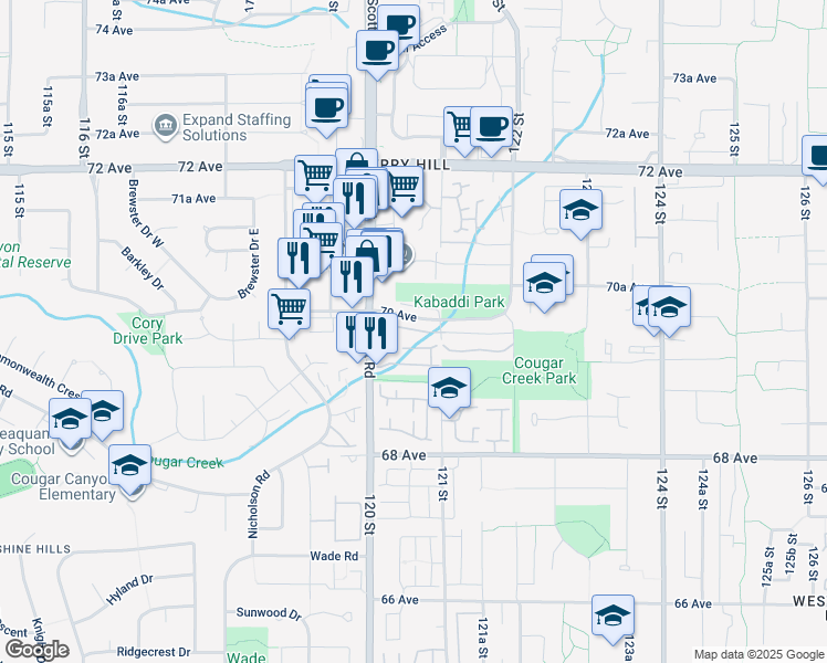 map of restaurants, bars, coffee shops, grocery stores, and more near 12092 70 Avenue in Surrey