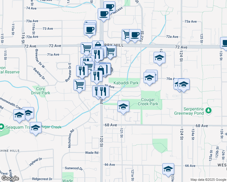map of restaurants, bars, coffee shops, grocery stores, and more near 12092 70 Avenue in Surrey