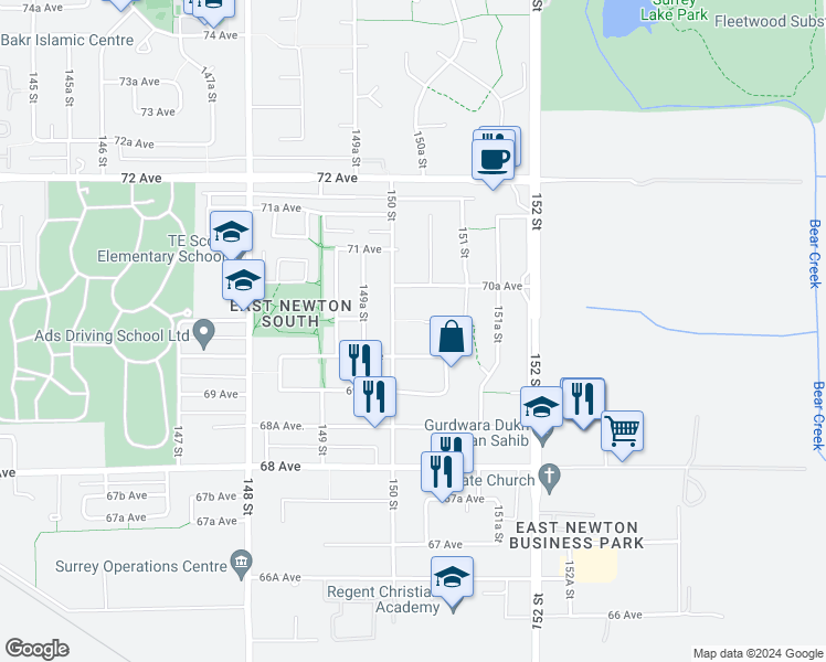 map of restaurants, bars, coffee shops, grocery stores, and more near 15038 70 Avenue in Surrey