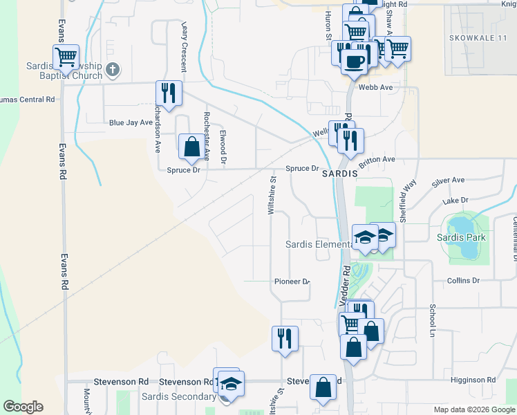 map of restaurants, bars, coffee shops, grocery stores, and more near 6944 Coach Lamp Drive in Chilliwack