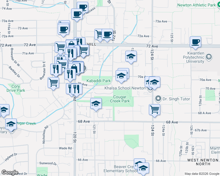 map of restaurants, bars, coffee shops, grocery stores, and more near 6971 122 Street in Surrey
