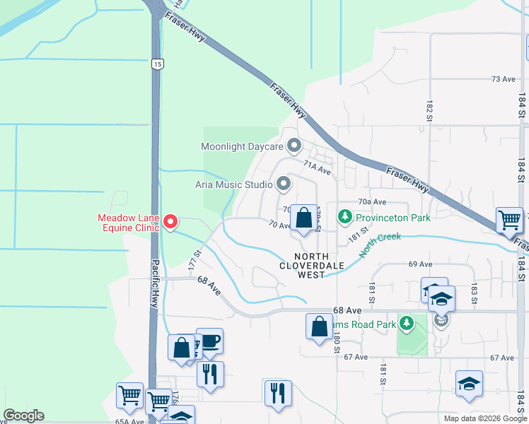 map of restaurants, bars, coffee shops, grocery stores, and more near 7016 178 Street in Surrey
