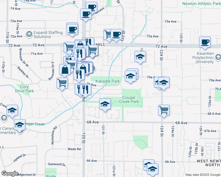 map of restaurants, bars, coffee shops, grocery stores, and more near 6971 122 Street in Surrey