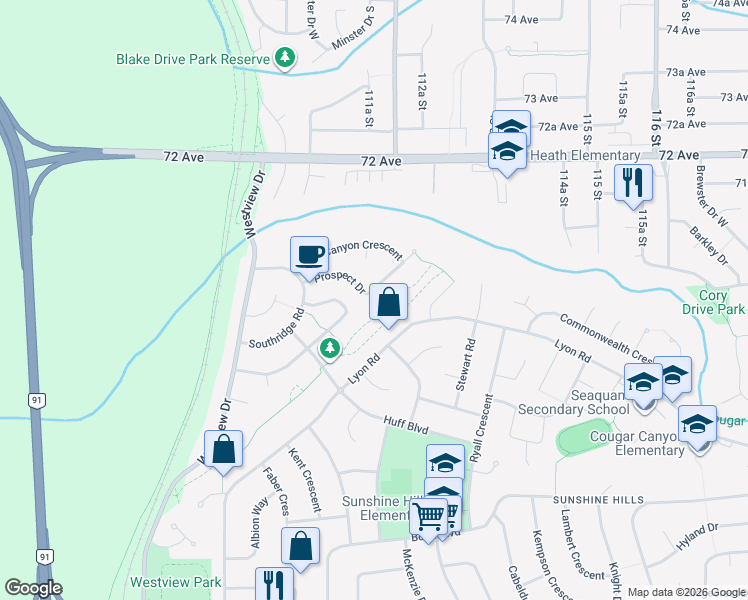 map of restaurants, bars, coffee shops, grocery stores, and more near 11162 Prospect Drive in Delta