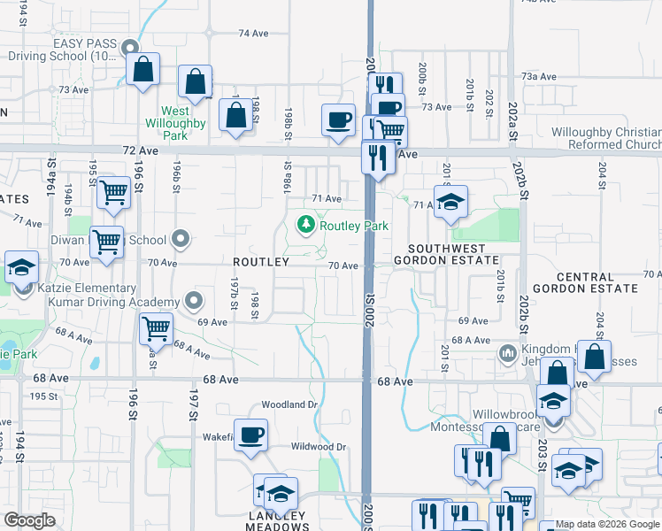 map of restaurants, bars, coffee shops, grocery stores, and more near 7 70 Avenue in Langley City