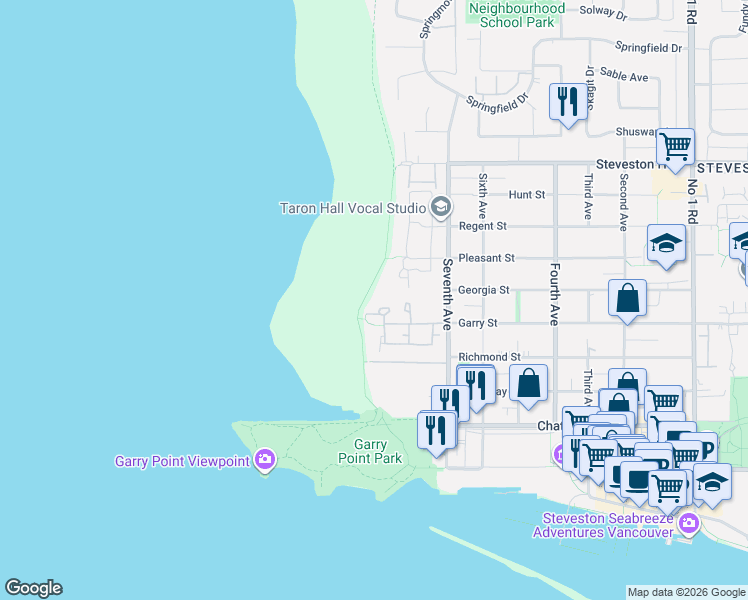 map of restaurants, bars, coffee shops, grocery stores, and more near 11491 Seventh Avenue in Richmond