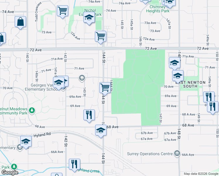 map of restaurants, bars, coffee shops, grocery stores, and more near 6999 144A Street in Surrey