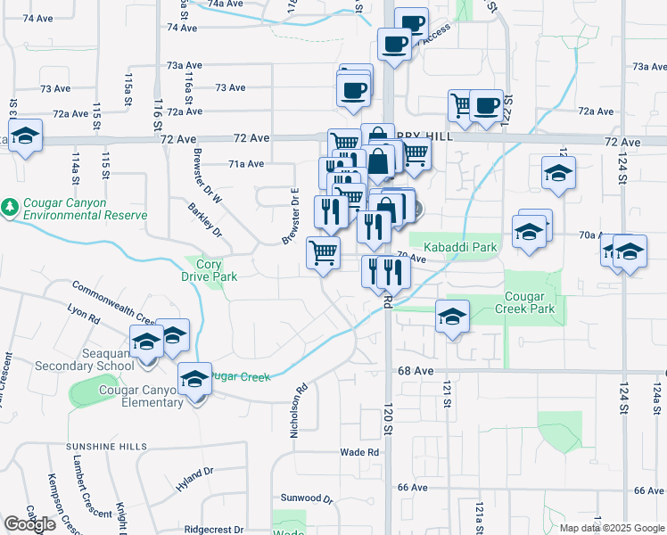 map of restaurants, bars, coffee shops, grocery stores, and more near 11920 70 Avenue in Delta