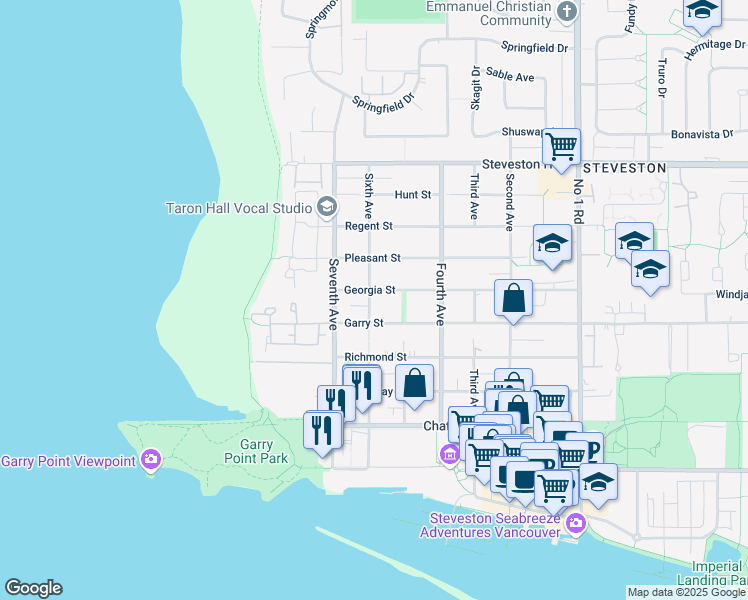 map of restaurants, bars, coffee shops, grocery stores, and more near 3180 Georgia Street in Richmond