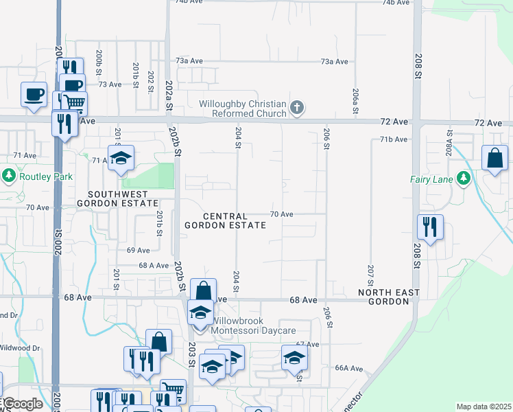 map of restaurants, bars, coffee shops, grocery stores, and more near 20463 70 Avenue in Langley
