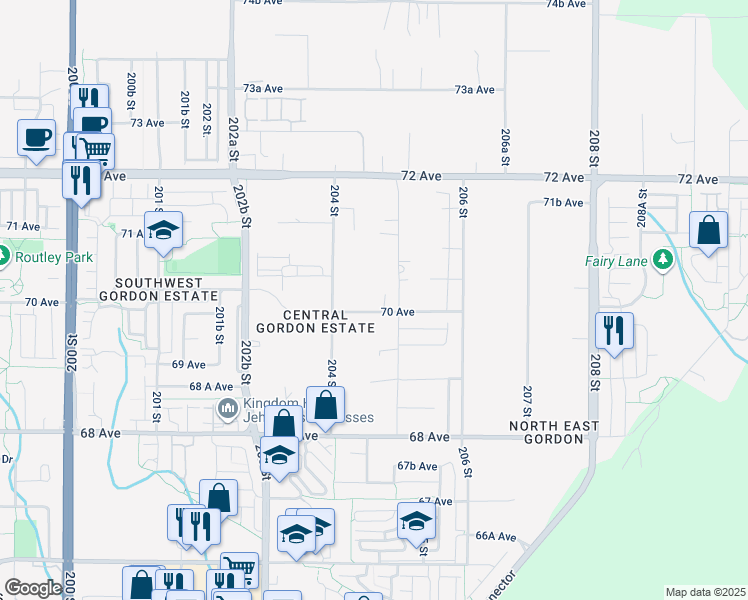map of restaurants, bars, coffee shops, grocery stores, and more near 20463 70 Avenue in Langley