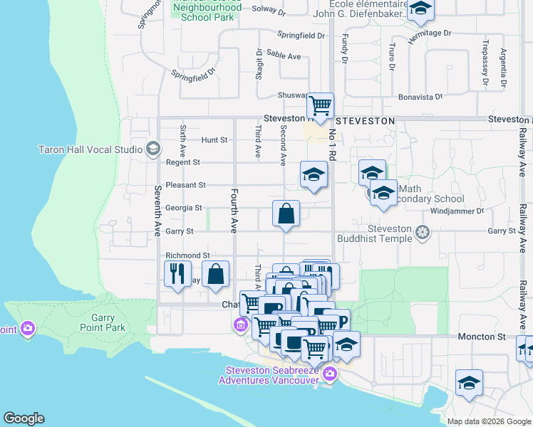 map of restaurants, bars, coffee shops, grocery stores, and more near 3588 Georgia Street in Richmond