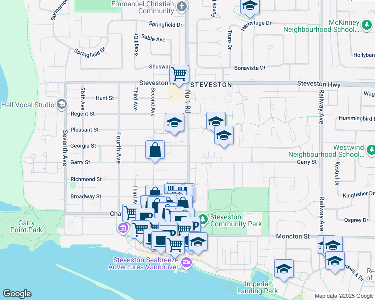 map of restaurants, bars, coffee shops, grocery stores, and more near 3980 Georgia Street in Richmond