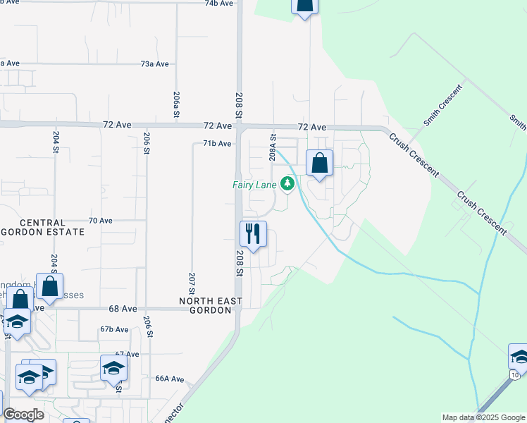 map of restaurants, bars, coffee shops, grocery stores, and more near 7033 208A Street in Langley