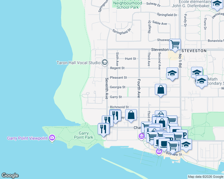 map of restaurants, bars, coffee shops, grocery stores, and more near 3140 Georgia Street in Richmond