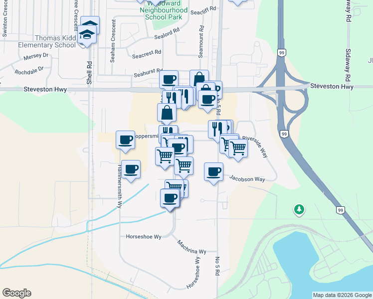 map of restaurants, bars, coffee shops, grocery stores, and more near 11220 Horseshoe Way in Richmond