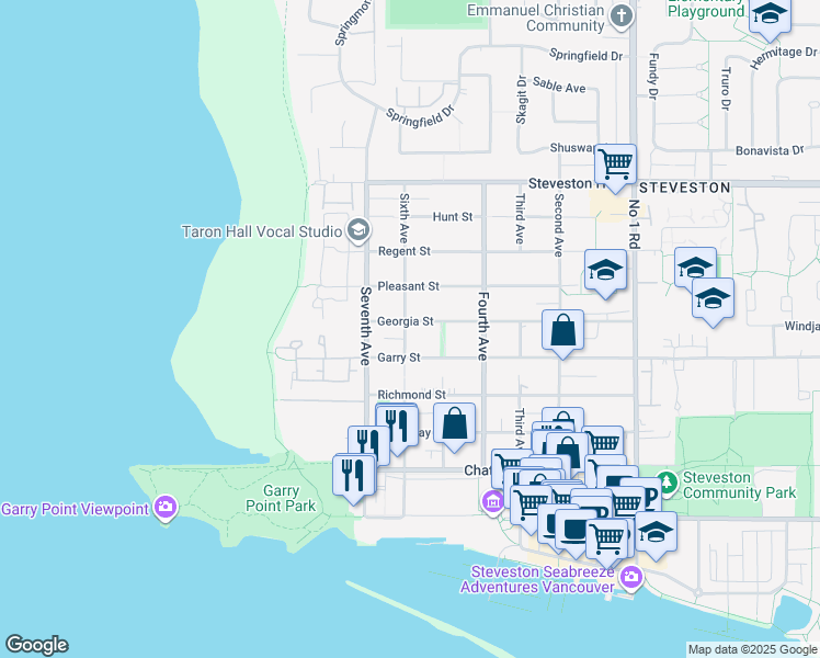 map of restaurants, bars, coffee shops, grocery stores, and more near 3180 Georgia Street in Richmond