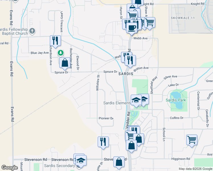 map of restaurants, bars, coffee shops, grocery stores, and more near 7033 Eden Drive in Chilliwack