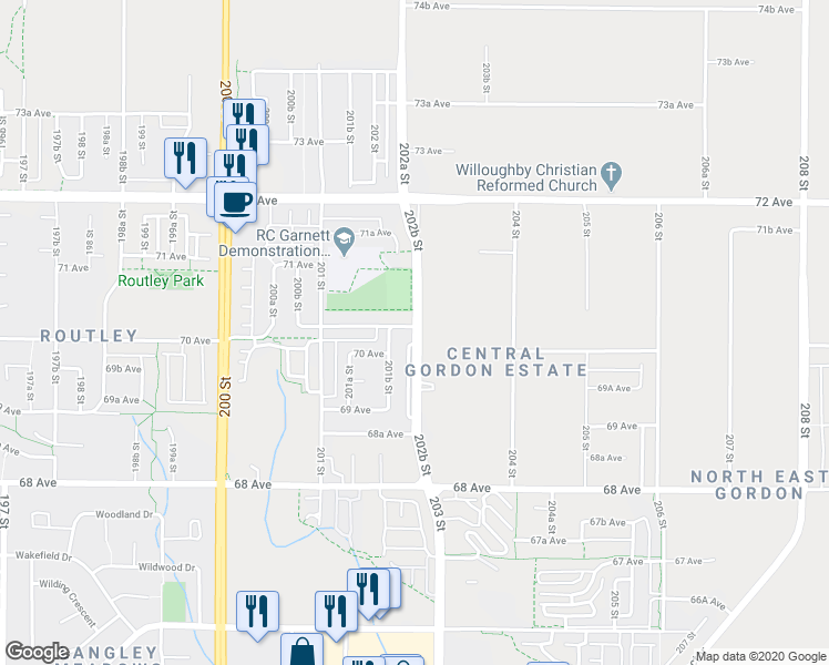 map of restaurants, bars, coffee shops, grocery stores, and more near 20216 70A Avenue in Langley
