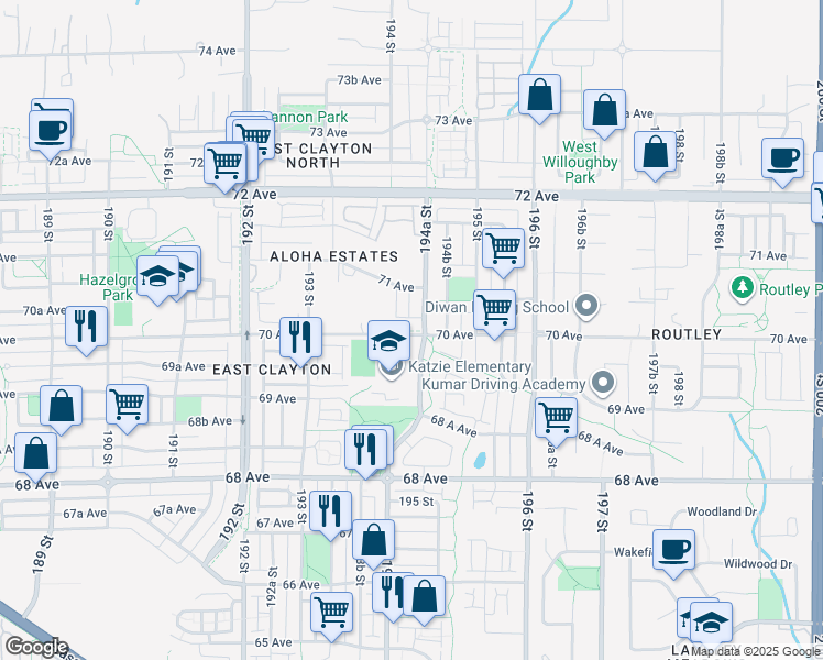 map of restaurants, bars, coffee shops, grocery stores, and more near 19433 70 Avenue in Surrey