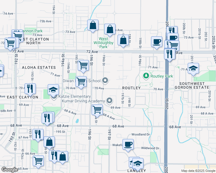map of restaurants, bars, coffee shops, grocery stores, and more near 19689 70 Avenue in Langley