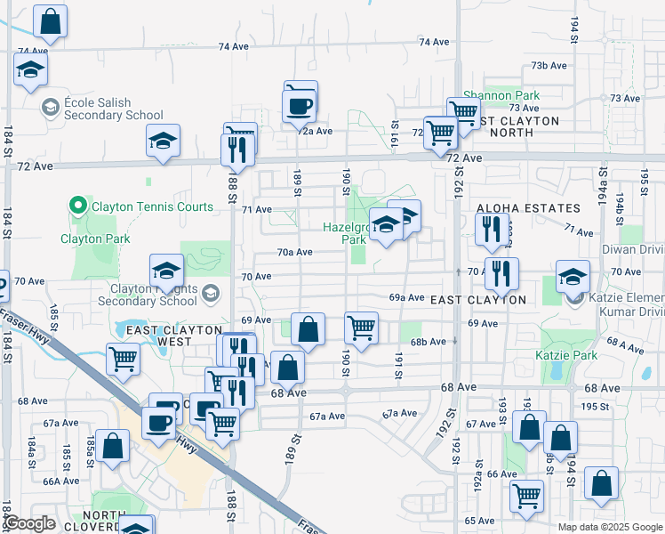 map of restaurants, bars, coffee shops, grocery stores, and more near 18979 70 Avenue in Surrey