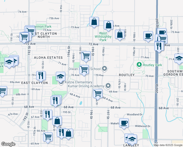 map of restaurants, bars, coffee shops, grocery stores, and more near in Surrey