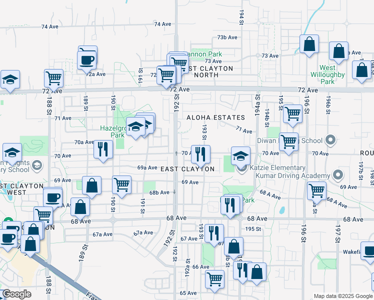 map of restaurants, bars, coffee shops, grocery stores, and more near 19239 70 Avenue in Surrey
