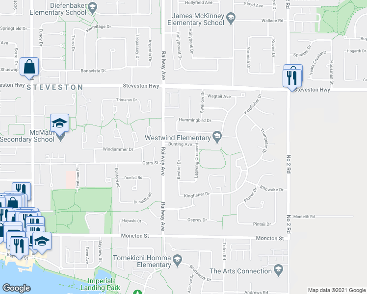 map of restaurants, bars, coffee shops, grocery stores, and more near 5260 Bunting Avenue in Richmond