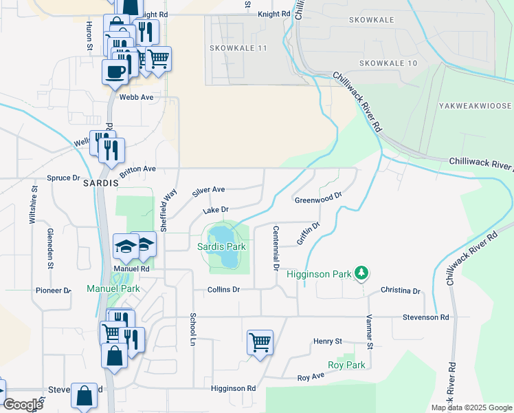 map of restaurants, bars, coffee shops, grocery stores, and more near 46014 Lake Drive in Chilliwack