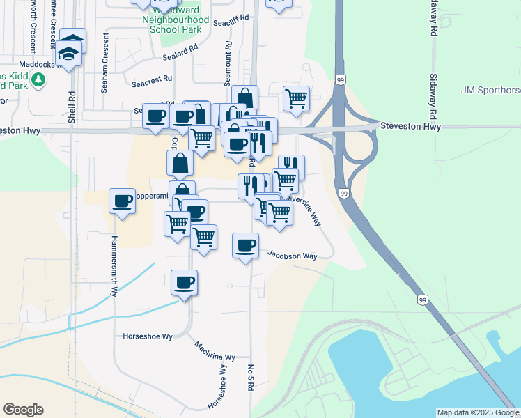 map of restaurants, bars, coffee shops, grocery stores, and more near 11300 Number 5 Road in Richmond