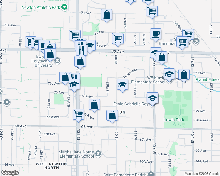 map of restaurants, bars, coffee shops, grocery stores, and more near 7008 129A Street in Surrey