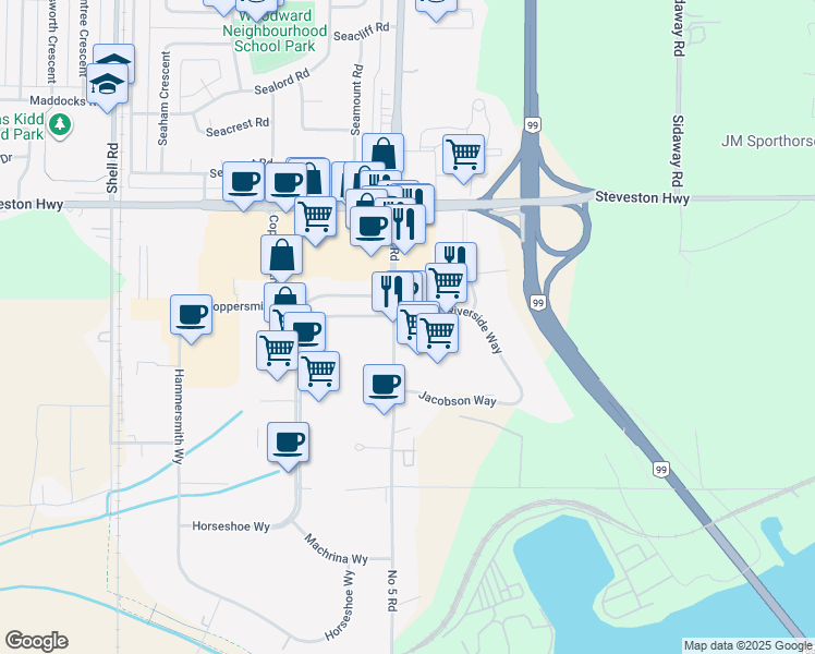 map of restaurants, bars, coffee shops, grocery stores, and more near 11300 Number 5 Road in Richmond