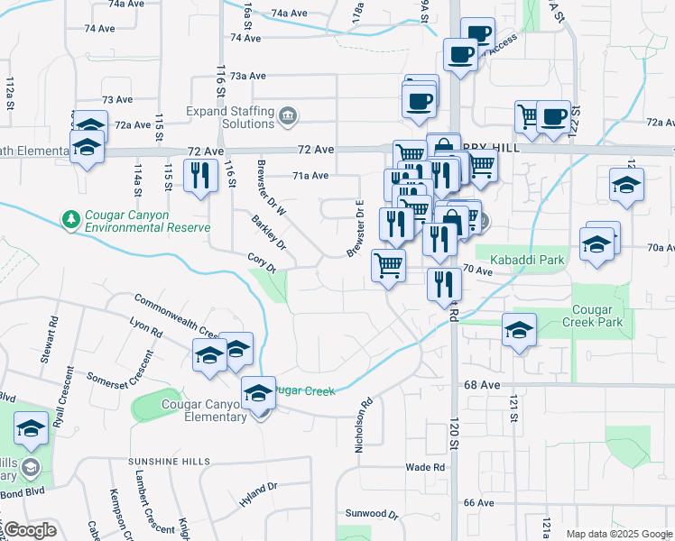 map of restaurants, bars, coffee shops, grocery stores, and more near 6987 Caribou Place in Delta