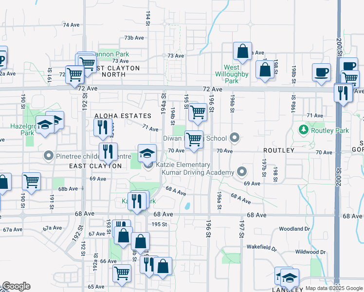 map of restaurants, bars, coffee shops, grocery stores, and more near 7015 195 Street in Surrey