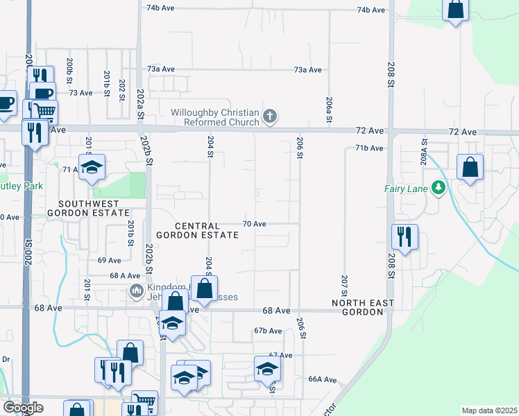 map of restaurants, bars, coffee shops, grocery stores, and more near 7024 205 Street in Langley Township