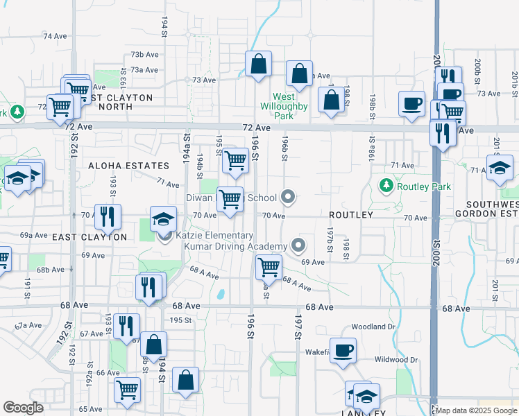 map of restaurants, bars, coffee shops, grocery stores, and more near 7065 196A Street in Langley