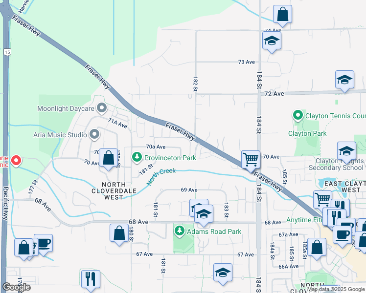 map of restaurants, bars, coffee shops, grocery stores, and more near 18199 70 Avenue in Surrey