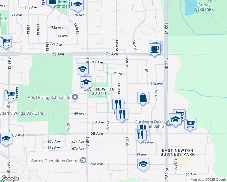 map of restaurants, bars, coffee shops, grocery stores, and more near 7012 149 Street in Surrey