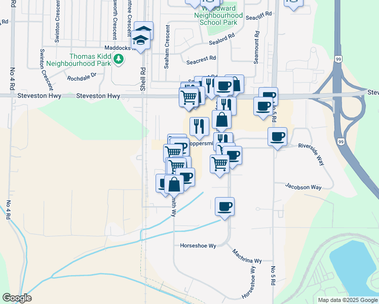 map of restaurants, bars, coffee shops, grocery stores, and more near 145-11331 Coppersmith Way in Richmond
