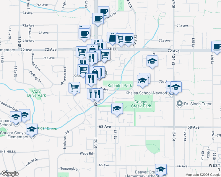 map of restaurants, bars, coffee shops, grocery stores, and more near 12091 70 Avenue in Surrey