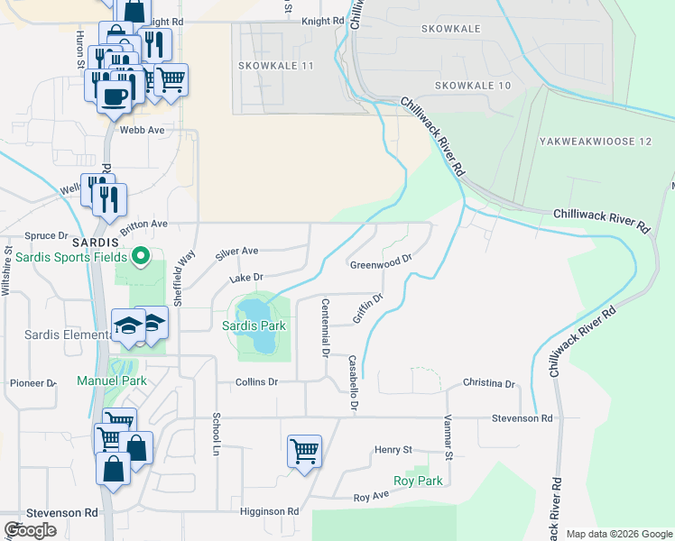 map of restaurants, bars, coffee shops, grocery stores, and more near 46122 Greenwood Drive in Chilliwack