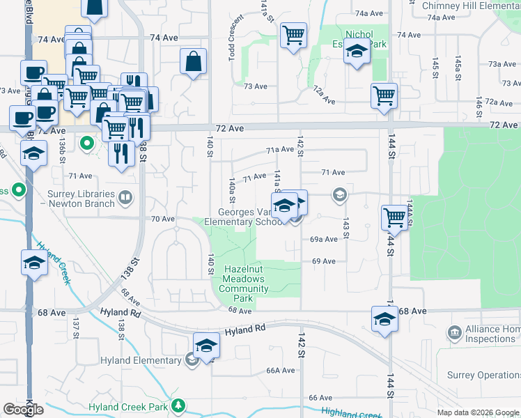 map of restaurants, bars, coffee shops, grocery stores, and more near 7016 141 Street in Surrey