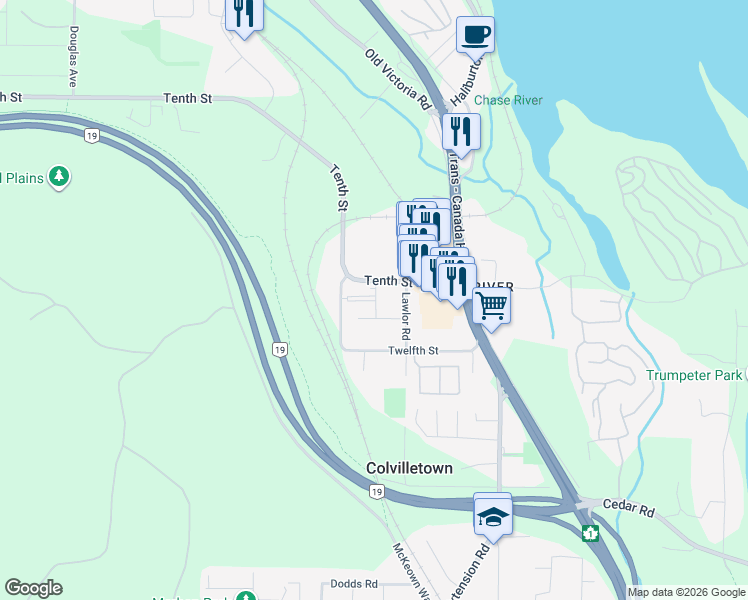 map of restaurants, bars, coffee shops, grocery stores, and more near 80 Tenth Street in Nanaimo