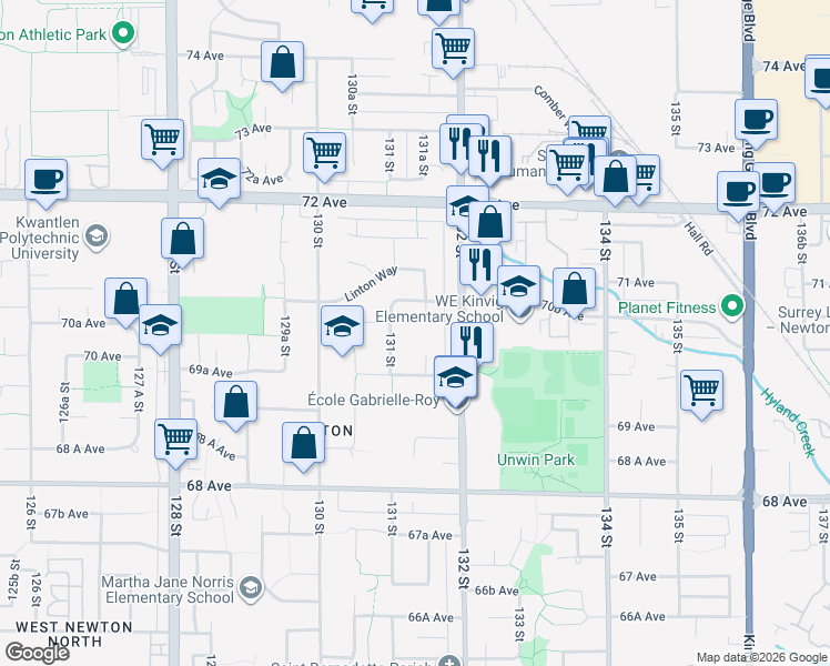 map of restaurants, bars, coffee shops, grocery stores, and more near 7029 Malvern Place in Surrey