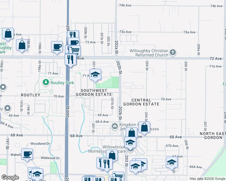 map of restaurants, bars, coffee shops, grocery stores, and more near 20199 70A Avenue in Langley