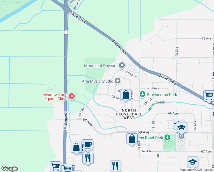 map of restaurants, bars, coffee shops, grocery stores, and more near 7037 178 Street in Surrey